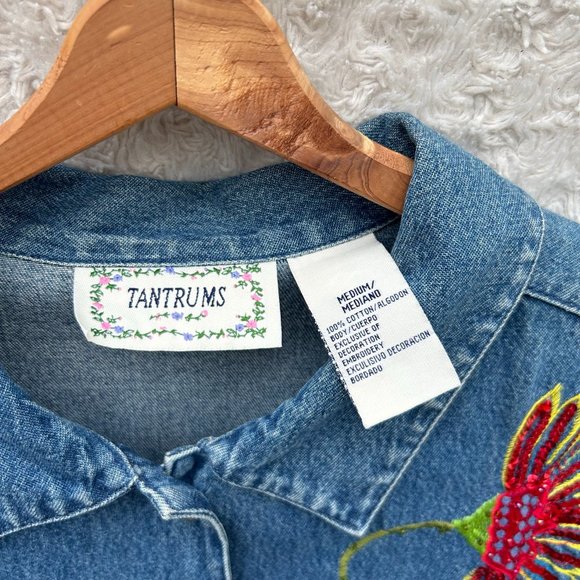 Tantrums Denim Jacket Embroidered Floral Sequin Button Up Medium - Picture 2 of 9
